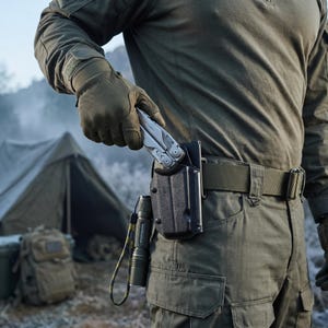 May include: A silver multi-tool is held by a gloved hand. The tool is in a black holster attached to a green belt. A black flashlight with a yellow and black lanyard hangs below the holster. The person is wearing green pants and a green long-sleeve shirt.