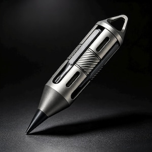 May include: A metallic gray tactical pen with a pointed black tip and a cylindrical body featuring cutouts and diagonal grooves. The top of the pen includes a triangular loop for attachment, and the overall design has a matte finish with a solid, industrial appearance.