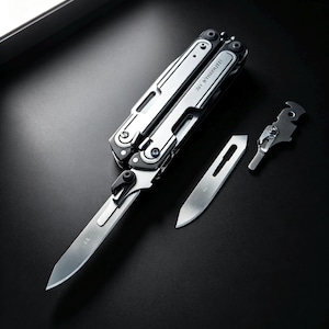 Könnte beinhalten: Ein silber-schwarzes Leatherman ARC Multifunktionswerkzeug mit ausgeklappter Klinge, einer separaten abnehmbaren Klinge und einem kleinen Metallbauteil. Das Werkzeug hat ein metallisches Finish mit sichtbaren Schrauben und dem Markennamen am Griff.