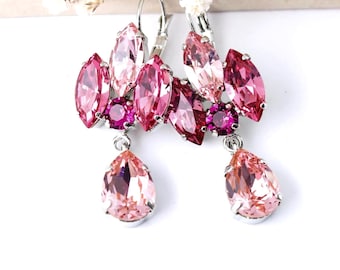 Boucles d'oreilles en cristal rose et or blanc : pendantes longues dans le dos, bijoux fuchsia, mariée, cadeau pour une mariée, pierre de naissance de juillet