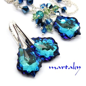 Peacock Crystal Jewelry, Cluster Necklace or Earrings, Bridal Wedding Bermuda Blue Crystal Sterling Azure Multi color Jewelry Royal Blue image 1