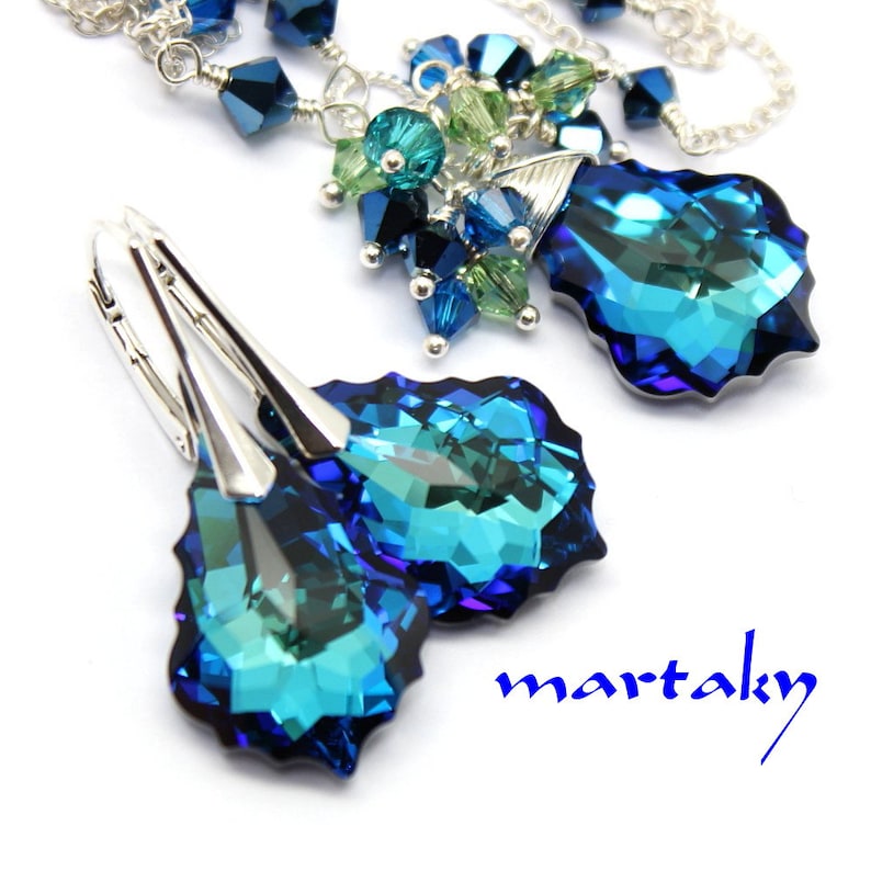 Peacock Crystal Jewelry, Cluster Necklace or Earrings, Bridal Wedding Bermuda Blue Crystal Sterling Azure Multi color Jewelry Royal Blue image 1