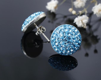Boucles d'oreilles aigue-marine, clou de 14 mm en argent sterling 925, pavé, strass, grande boucle d'oreille à pois bleus, tous les jours, bijoux unisexe, cadeau, mars