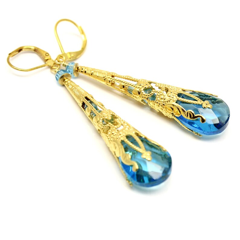 Aqua Blue Crystal Long Earrings, Steampunk Long Earrings, Filigree Cone Earrings, Turquoise Victorian Jewelry, Chandelier, Sapphire Earrings image 2