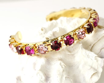 Bracelet jonc rose, bracelet réglable paon, bracelet manchette or cristal rubis magenta, bijoux unisexes faits main roses mode tous les jours