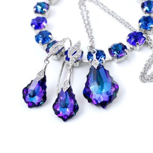 Blue Purple Jewelry Set, Baroque Heliotrope Crystal Wedding Jewellery, Necklace Pendant, Drop Earrings, Tennis Bracelet, Bridal Women Gift