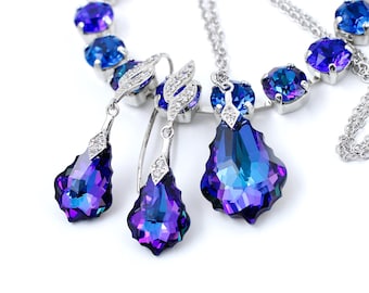 Heliotrope Jewelry Set Sterling White Gold, Baroque Blue Purple European Crystal, Necklace Pendant, Drop Earrings, Tennis Bracelet, Bridal