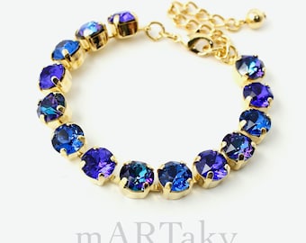 Purple Blue Bracelet, Crystal Adjustable Chain Bracelet, Heliotrope Cobalt Rhinestone Jewelry, Yellow Rose Gold Tennis Bracelet