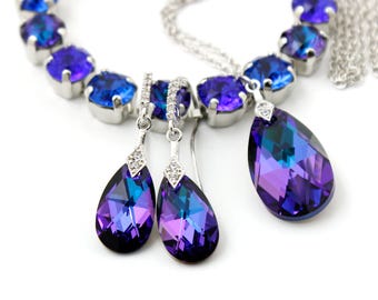 Purple Blue Jewelry Set White Gold, Necklace Earrings Bracelet, Cobalt Violet Crystal Wedding Bridal Bridesmaids Prom Fashion Jewelry Gift