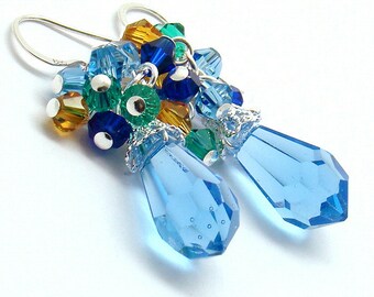 Orecchini blu in cristallo sfaccettato con zaffiro, argento sterling, blu pavone, orecchini da sposa, damigelle, gioielli da sposa