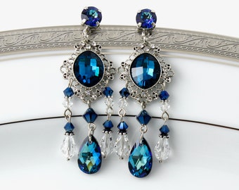 Orecchini a lampadario blu zaffiro con perno lungo, cristalli blu Bermuda, argento antico, gioielli in stile vintage ART DECO, orecchini lunghi blu