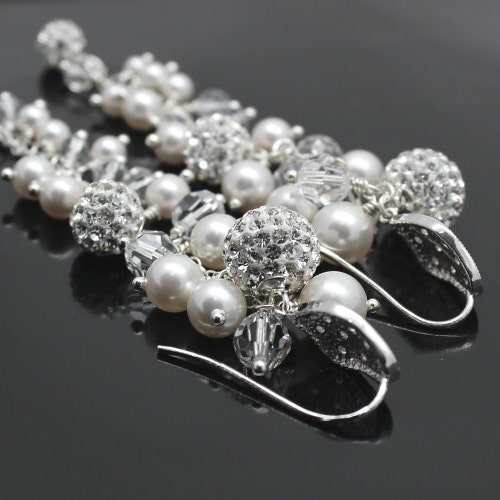 Pearl shops Crystal Long Earrings Pave Rhinestone White Bridal Wedding Sterling Cubic Zirconia Bridal Wedding Sparkle Cluster Earrings