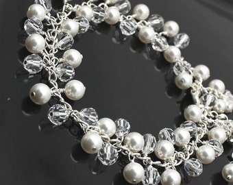 Crystal Pearl Bridal Bracelet White Crystals Pearls Silver Bridal Bridesmaids Cluster Bracelet Wire Wrap Evening Cocktail Jewelry