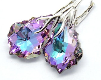 Violet Purple Earrings Baroque Vitrail Light Crystal Sterling Silver Peacock Bridesmaids,Bridal Jewelry, Modern Earrings