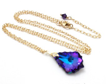 Purple Blue Necklace Pendant, Baroque 22 mm Heliotrope Crystal Cubic Zirconia Sterling Gold Cobalt Bridal Bridesmaids Jewelry