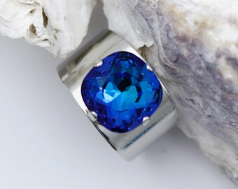 Azure Blue Adjustable Ring, Cushion Cut Bermuda Blue Crystal Ring, Adjustable Band Finger Ring, Fashion Jewelry, Abstract Modern Ring