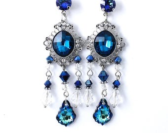 Bermuda Blue Chandelier Earrings, Crystal Long Cluster Post, Antique Silver ART DECO Vintage Style Jewelry, Victorian Wedding Women Gift her