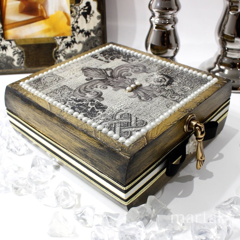 Cottage French Decoupage Jewelry Box Shabby Chic Fleur De Lis Paris Box,Vintage Style Treasures Trinket Memories Recipe Organizer Storage