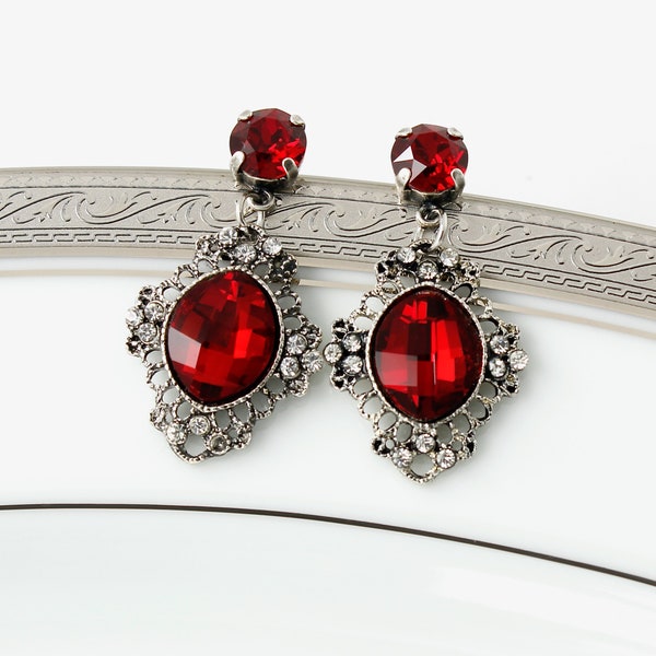 Victorian Red Chandelier Earrings, Gothic Red Crystal Filigree Stud Earrings, Rhinestone  Prom Bridal Jewelry, Wedding Jewellery, Women Gift