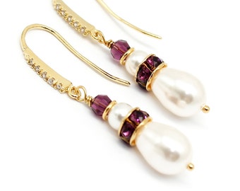 Amethyst White Pearl Earrings, Yellow Gold Jewelry, Bridal Earrings, Wedding Jewelry, CZ Classic Pearl Jewelry