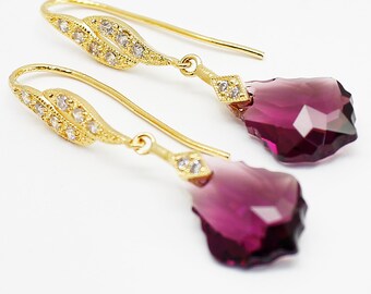 Purple Crystal Earrings Gold, Baroque Eggplant Earrings, Victorian Long Earrings, Amethyst Bead CZ Ear Wires, Bridesmaids Gift Bridal