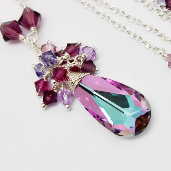 Purple Turquoise Cluster Necklace, Vitrail Light Teardrop Sterling Silver Wrapped Pendant, Modern Bridesmaids Women Gift, Bridal Jewelry