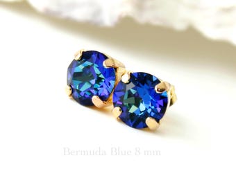 Bermuda Blue Crystal 8 mm Stud Earrings Gold or Silver, Multicoloured Dot Point Post, Modern Funny Jewelry,Everyday Azure Ocean Unisex Gift