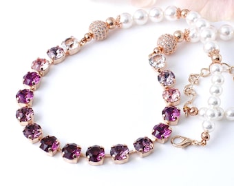 Halsband i roséguld, lila, prydt med Swarovski®-kristaller och vita pärlor, Halsband, Tennis Ombre-smycken, Bröllop, Brudklänning