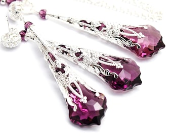 Gioielli in stile vittoriano viola, collana o orecchini, gioielli viola, gioielli in filigrana steampunk, gioielli in cristallo di melanzana, occasioni speciali