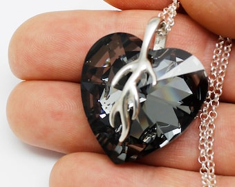Ciondolo a forma di cuore grande con diamanti neri, collana in argento sterling 925, gioielli moderni, cristallo europeo di alta qualità da 28 mm, regalo unisex
