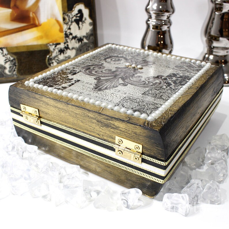 Cottage French Decoupage Jewelry Box Shabby Chic Fleur De Lis Paris Box,Vintage Style Treasures Trinket Memories Recipe Organizer Storage
