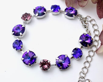 Violet Purple Crystal Adjustable Bracelet, Heliotrope Cobalt Rhinestone Jewelry, White Yellow Rose Gold Tennis Chain Bracelet, Bridesmaids