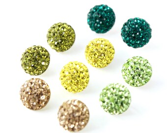 Orecchini a bottone in argento sterling 925 con pavé di cristalli da 10 mm, perno verde, giallo, peridoto, smeraldo, olivina, gioielli per tutti i giorni, regalo unisex per lei e per lui