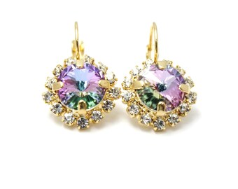 Örhängen med lavendel och strass i silver/guld, lila, violett, turkos, smycken, Vitrail ljuskristallörhängen, brudtärnegåva
