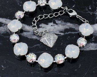 Pulsera de cristal de ópalo blanco, pulsera ajustable de oro blanco con dije de diamante, pulsera de cadena de tenis azul, regalo casual, elegante y brillante para mujer.