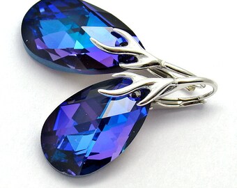 Peacock Crystal Sterling Silver Earrings, Heliotrope Jewelry, Bridal, Bridesmaids Gift, Cobalt, Violet, Purple, Multicolored Modern Jewelry