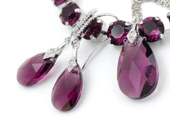 Purple Crystal Jewelry Set/Pieces: Dangle Earrings, Necklace Pendant, Tennis Bracelet, Eggplant Bridesmaid, Bridal Wedding Jewelry, Handmade