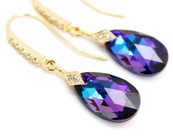 Orecchini pendenti in cristallo viola e blu, in argento Sterling 925, oro giallo, bianco e rosa, eliotropio a pera, damigella d'onore, matrimonio, gioielli da sposa