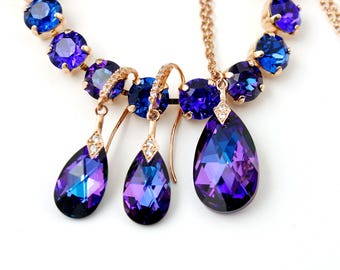 Conjunto de joyas de oro rosa, azul y morado, pendientes colgantes de pera con heliotropo, collar de cristal, colgante, pulsera de tenis, regalo de novia y dama de honor.
