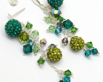 Emerald Green Long Earrings, Rhinestones Pave Crystal, Sterling Silver Post Peacock Green Bridal Wedding Cluster Jewelry