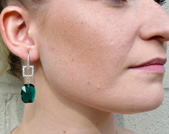 Emerald Crystal Earring, Sterling White Gold CZ, Bridal Jewelry, Geometric Green Fashion Jewellery, Women Gift, Geometric