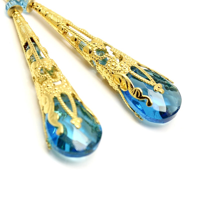 Aqua Blue Crystal Long Earrings, Steampunk Long Earrings, Filigree Cone Earrings, Turquoise Victorian Jewelry, Chandelier, Sapphire Earrings image 1