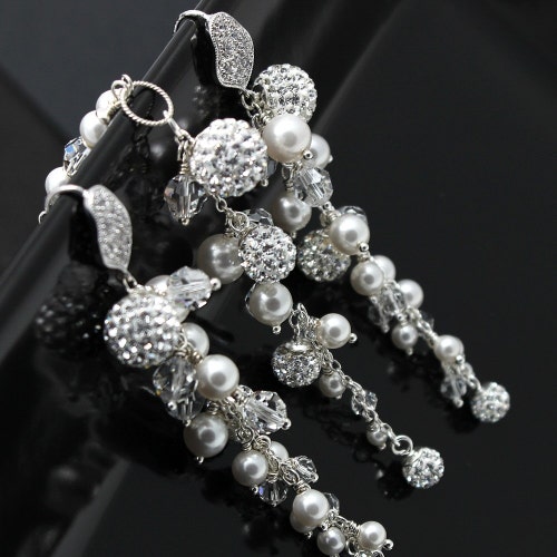 Pearl shops Crystal Long Earrings Pave Rhinestone White Bridal Wedding Sterling Cubic Zirconia Bridal Wedding Sparkle Cluster Earrings