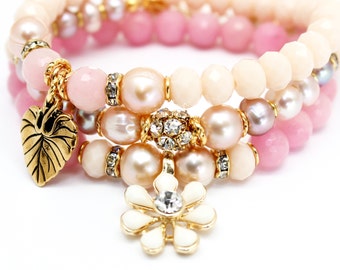 Bracelet, Statement Bracelet, Rose Pink Cream Bracelet Gold, Pearl Crystal Gemstone Jewelry, Bracelets Set, Leaf Flower Charms, Fashion