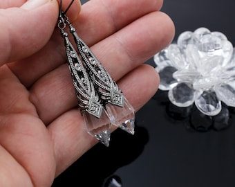 Pendientes largos, pendientes de cristal transparente con pinchos, pendientes victorianos de cono de filigrana, pendientes góticos steampunk, joyería gótica, regalo para mujeres y hombres.