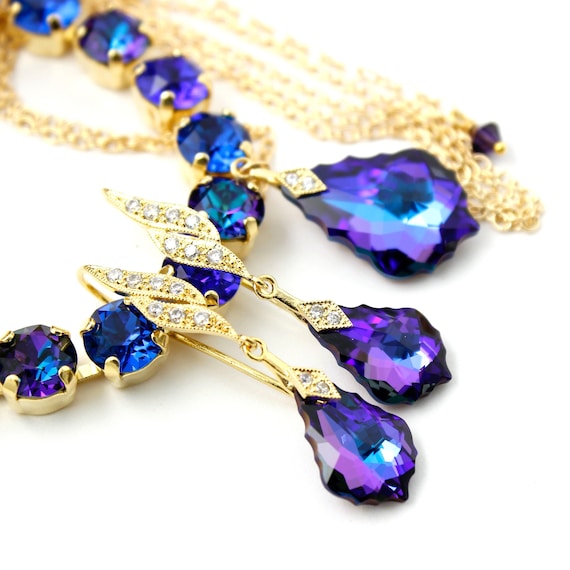 Heliotrope Crystal Jewelry Set Gold, Baroque Necklace, Dangle Earrings, Tennis Bracelet, Purple Cobalt Violet, Bridal, Bridesmaids, Prom