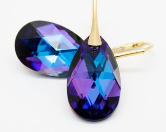 Orecchini blu melanzana Orecchini da sposa e damigelle d'onore in oro melanzana Pera 22 mm Cristallo eliotropio Argento Sterling Ametista viola