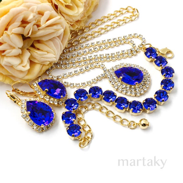 Cobalt Blue Gold Crystal Jewelry Necklace Earrings Tennis Bracelet, Bridesmaids Victorian Wedding Jewelry, Vintage Style Royal Blue Prom Set