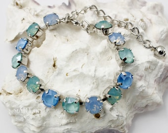 Air Blue Opal Mint Green Crystal Bracelet White Gold Rhinestone Jewelry, Adjustable Bracelet Azure Cup Chain Tennis Bracelet