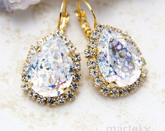 Orecchini in cristallo con patina bianca, orecchini con strass per damigelle d'onore, gioielli vintage ispirati all'arcobaleno, orecchini per matrimonio, qualcosa di blu